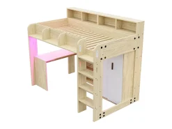 Cama mezanino multifuncional 90 × 200 cm - con escrivaninha + armário - con iluminação LED + tomada - natural​ (colchão não incluído)