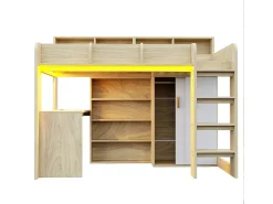 Cama mezanino multifuncional 90 × 200 cm - con escrivaninha + armário - con iluminação LED + tomada - natural​ (colchão não incluído)