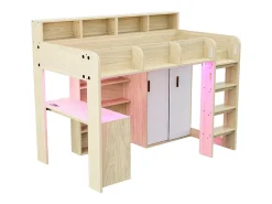 Cama mezanino multifuncional 90 × 200 cm - con escrivaninha + armário - con iluminação LED + tomada - natural​ (colchão não incluído)