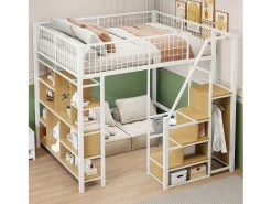 Cama mezanino multifuncional 140x200 cm em metal branco com arrumação, prateleiras, escada, adequada para crianças e adultos, robusta e moderna