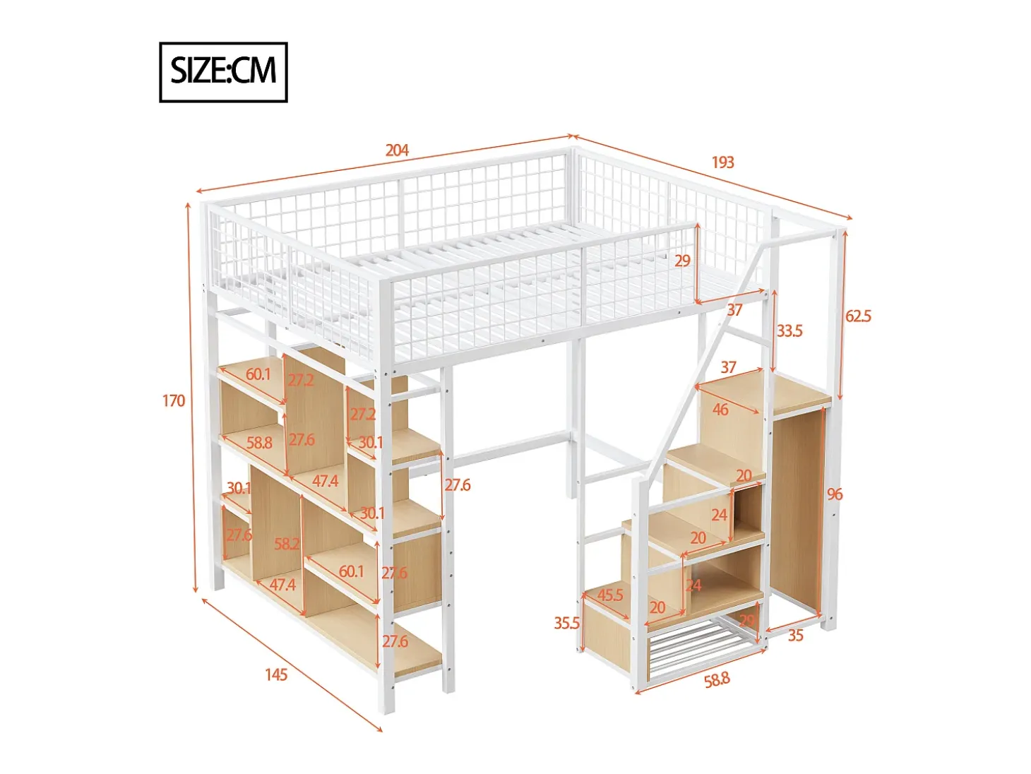 Cama mezanino multifuncional 140x200 cm em metal branco com arrumação, prateleiras, escada, adequada para crianças e adultos, robusta e moderna