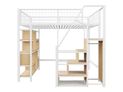 Cama mezanino multifuncional 140x200 cm em metal branco com arrumação, prateleiras, escada, adequada para crianças e adultos, robusta e moderna