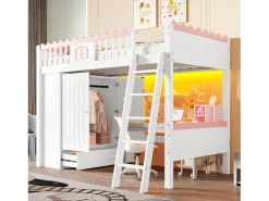 Cama mezanino simples 90 x 200 cm - Cama de criança - Com iluminação LED - Com armário - Com gaveta de arrumação - Branco (sem colchão)