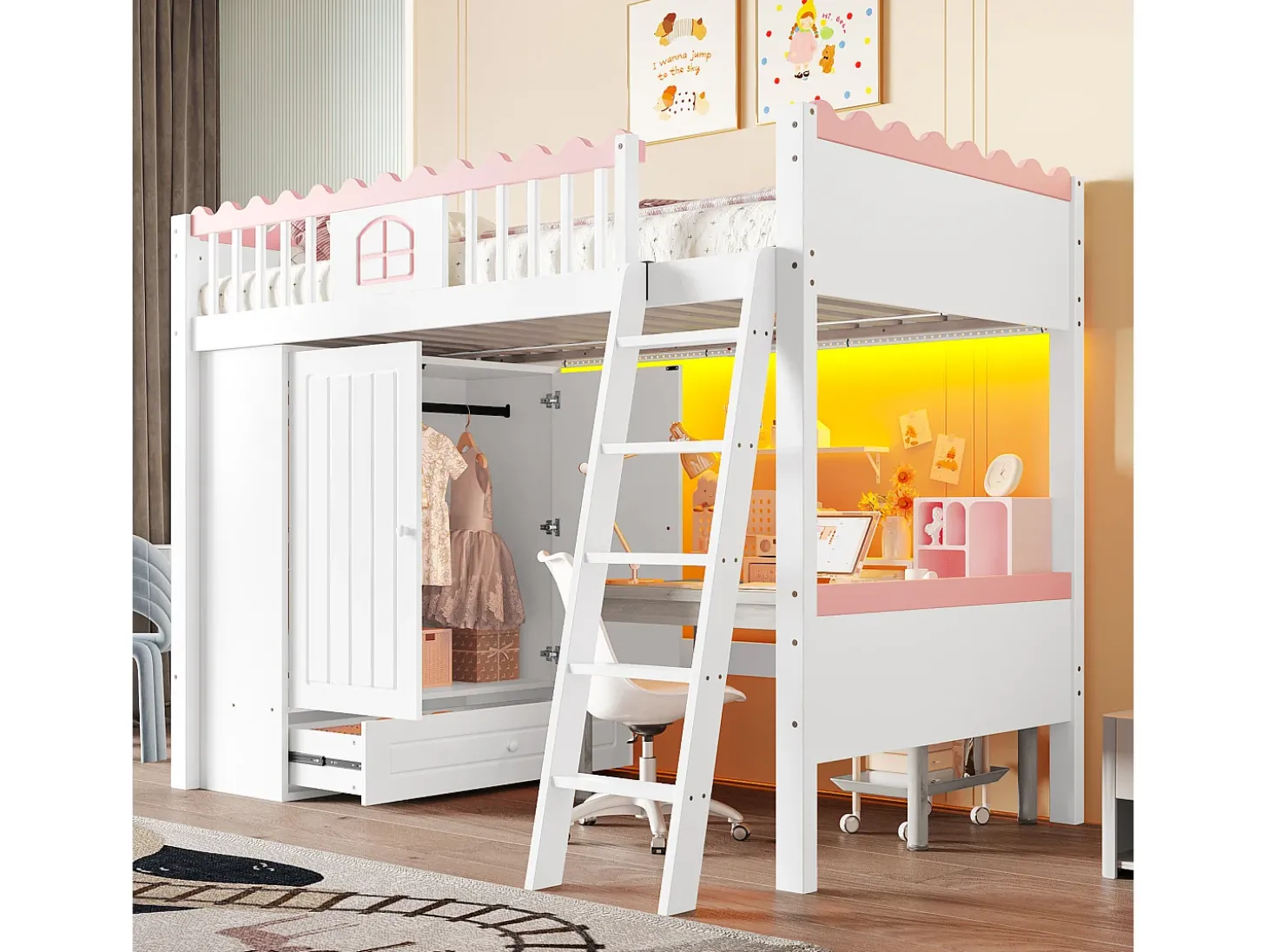 Cama mezanino simples 90 x 200 cm - Cama de criança - Com iluminação LED - Com armário - Com gaveta de arrumação - Branco (sem colchão)