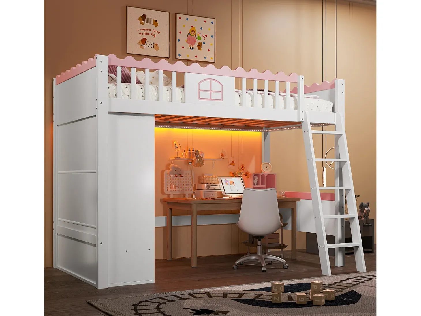 Cama mezanino simples 90 x 200 cm - Cama de criança - Com iluminação LED - Com armário - Com gaveta de arrumação - Branco (sem colchão)