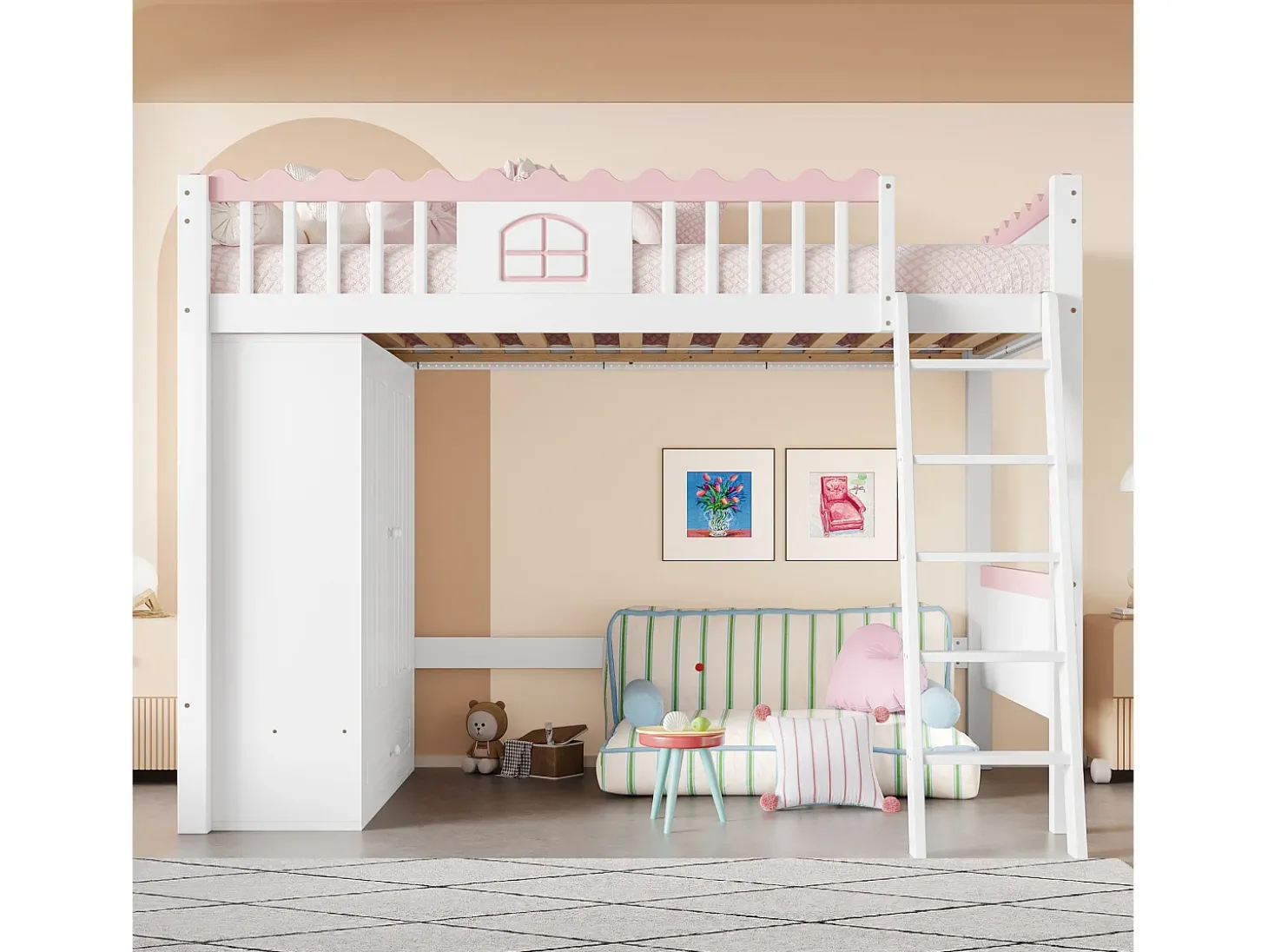 Cama mezanino simples 90 x 200 cm - Cama de criança - Com iluminação LED - Com armário - Com gaveta de arrumação - Branco (sem colchão)