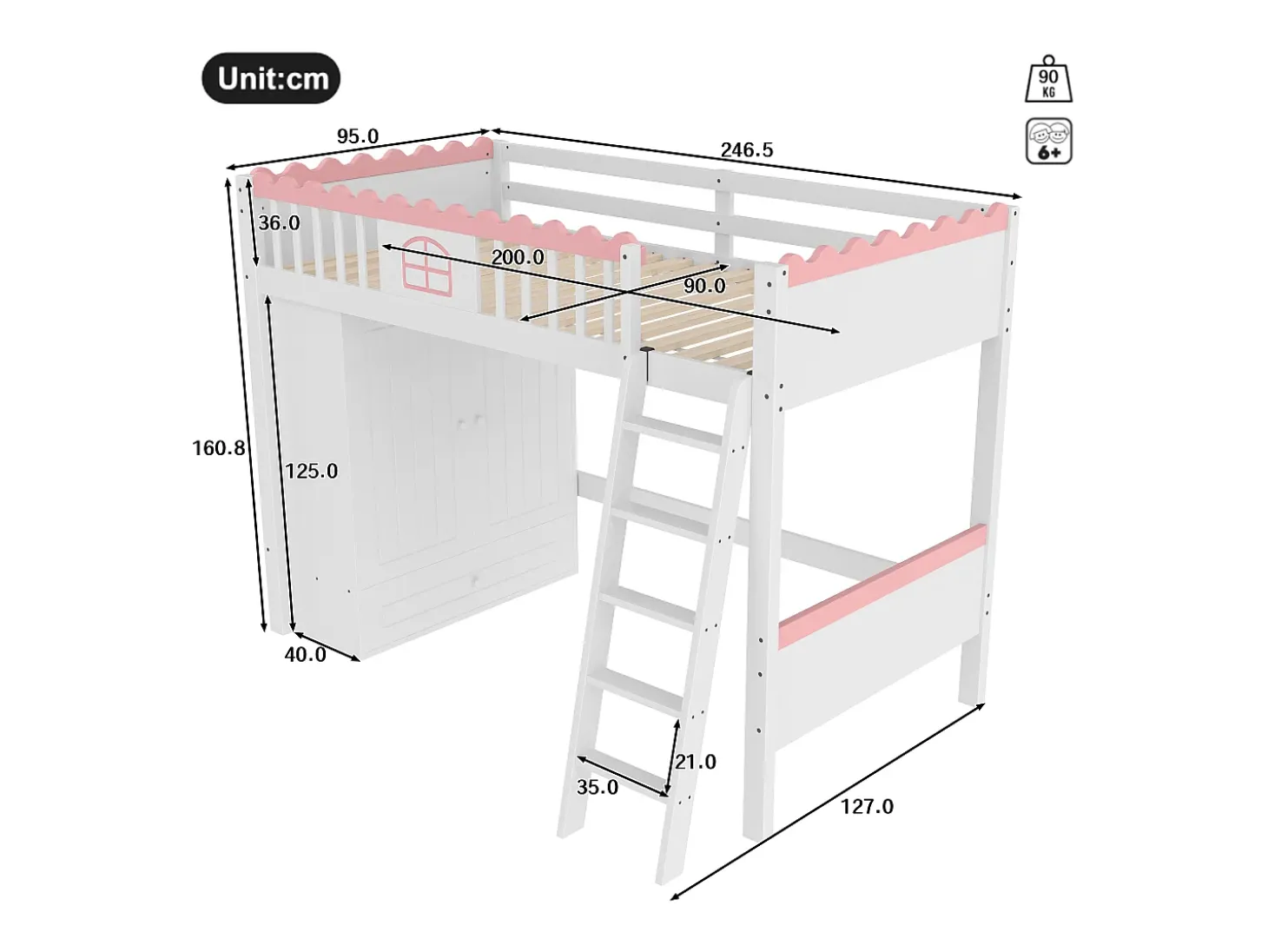 Cama mezanino simples 90 x 200 cm - Cama de criança - Com iluminação LED - Com armário - Com gaveta de arrumação - Branco (sem colchão)