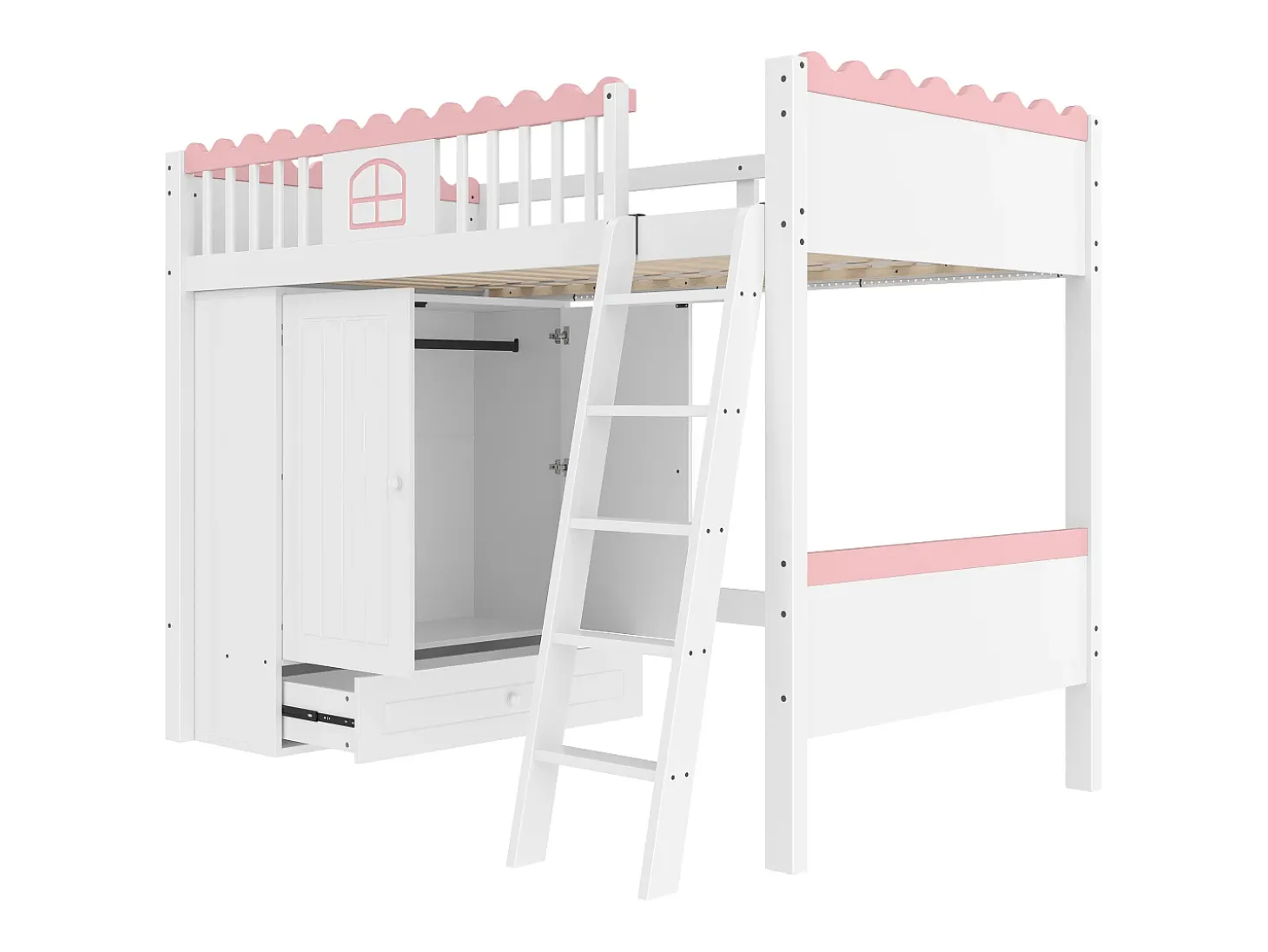 Cama mezanino simples 90 x 200 cm - Cama de criança - Com iluminação LED - Com armário - Com gaveta de arrumação - Branco (sem colchão)