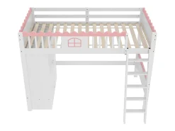 Cama mezanino simples 90 x 200 cm - Cama de criança - Com iluminação LED - Com armário - Com gaveta de arrumação - Branco (sem colchão)