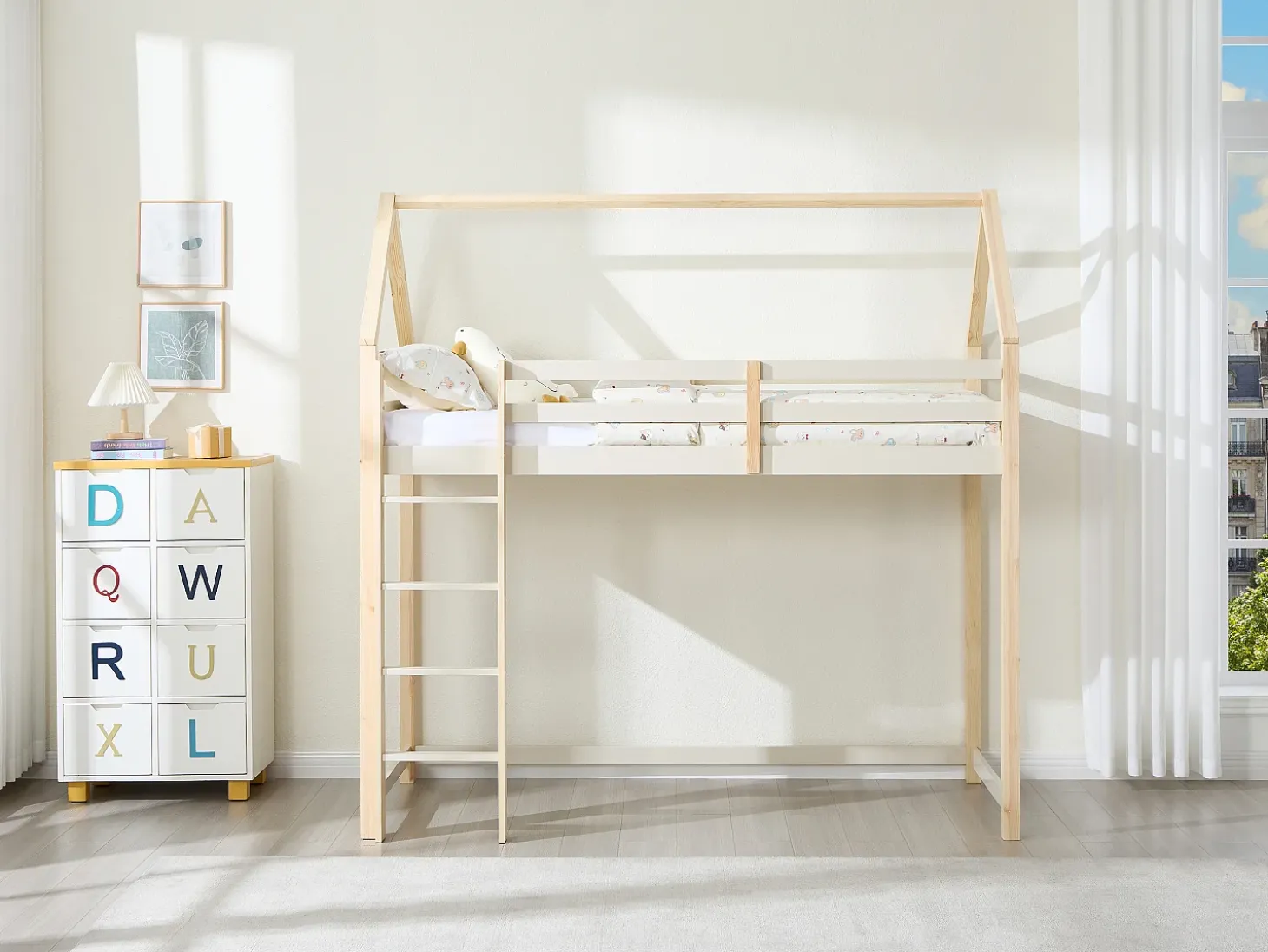 Cama mezanino tipo cabana 90 x 190 cm pinho maciço bege e natural - TARZIA