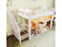 Cama mezanino 90x200 cm - com 2 gavetas - guarda-roupa aberto - com iluminação LED - compartimentos de armazenamento - branco (colchão não incluído)