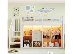 Cama mezanino 90x200 cm - com 2 gavetas - guarda-roupa aberto - com iluminação LED - compartimentos de armazenamento - branco (colchão não incluído)