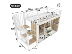 Cama mezanino 90x200 cm - com 2 gavetas - guarda-roupa aberto - com iluminação LED - compartimentos de armazenamento - branco (colchão não incluído)