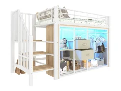 Cama mezanino 90x200 cm - com 2 gavetas - guarda-roupa aberto - com iluminação LED - compartimentos de armazenamento - branco (colchão não incluído)