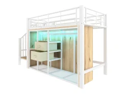 Cama mezanino 90x200 cm - com 2 gavetas - guarda-roupa aberto - com iluminação LED - compartimentos de armazenamento - branco (colchão não incluído)
