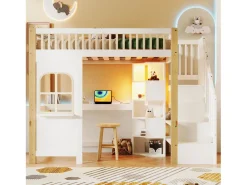 Cama mezanino 90x200 cm - com iluminação LED - com escada de armazenamento - com escrivaninha + tomada - cor branco + natural (colchão não incluído)