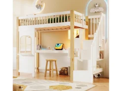 Cama mezanino 90x200 cm - com iluminação LED - com escada de armazenamento - com escrivaninha + tomada - cor branco + natural (colchão não incluído)