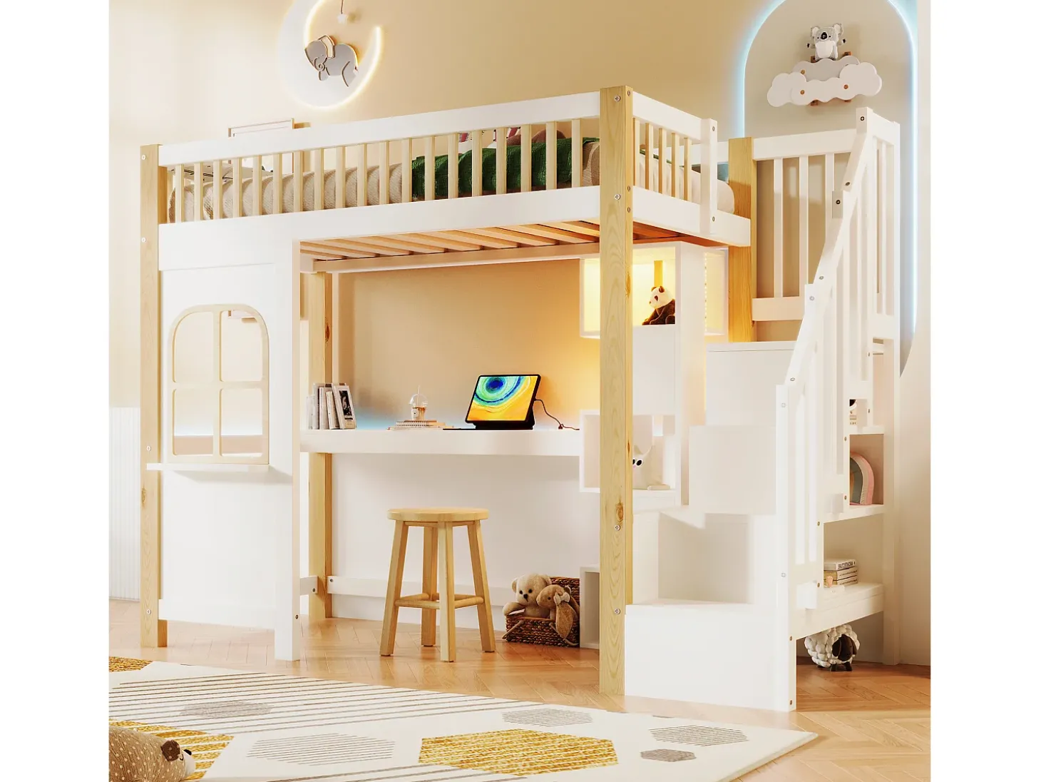 Cama mezanino 90x200 cm - com iluminação LED - com escada de armazenamento - com escrivaninha + tomada - cor branco + natural (colchão não incluído)