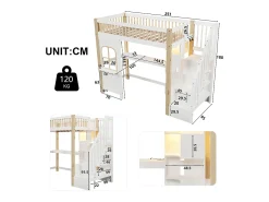Cama mezanino 90x200 cm - com iluminação LED - com escada de armazenamento - com escrivaninha + tomada - cor branco + natural (colchão não incluído)