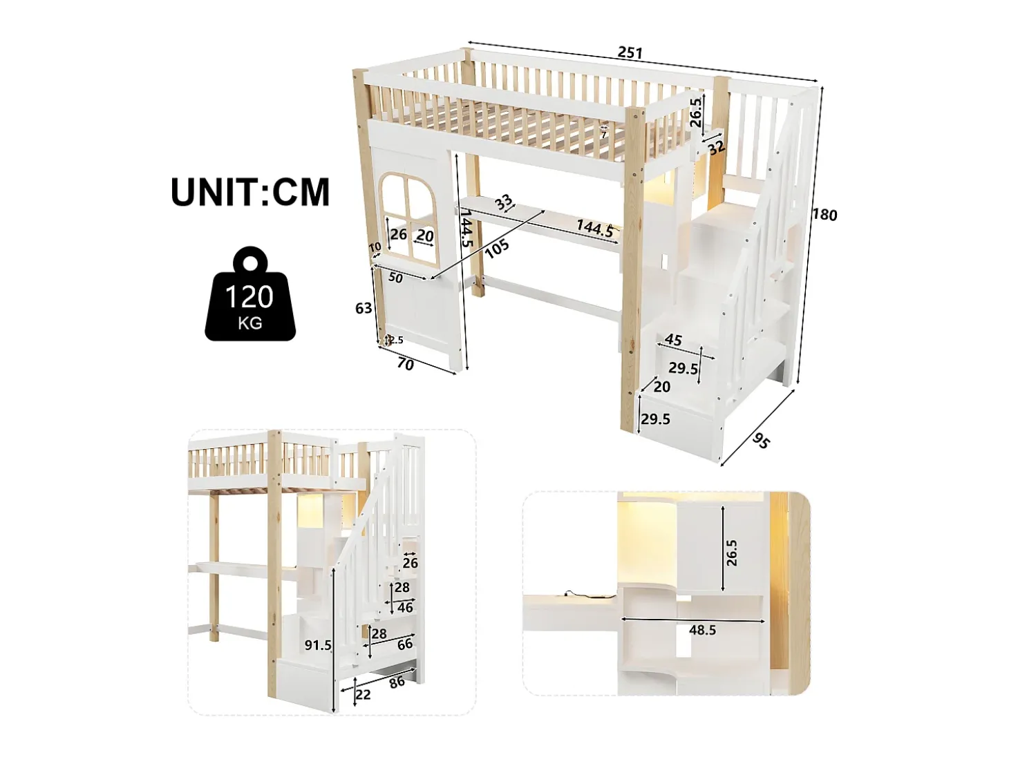 Cama mezanino 90x200 cm - com iluminação LED - com escada de armazenamento - com escrivaninha + tomada - cor branco + natural (colchão não incluído)