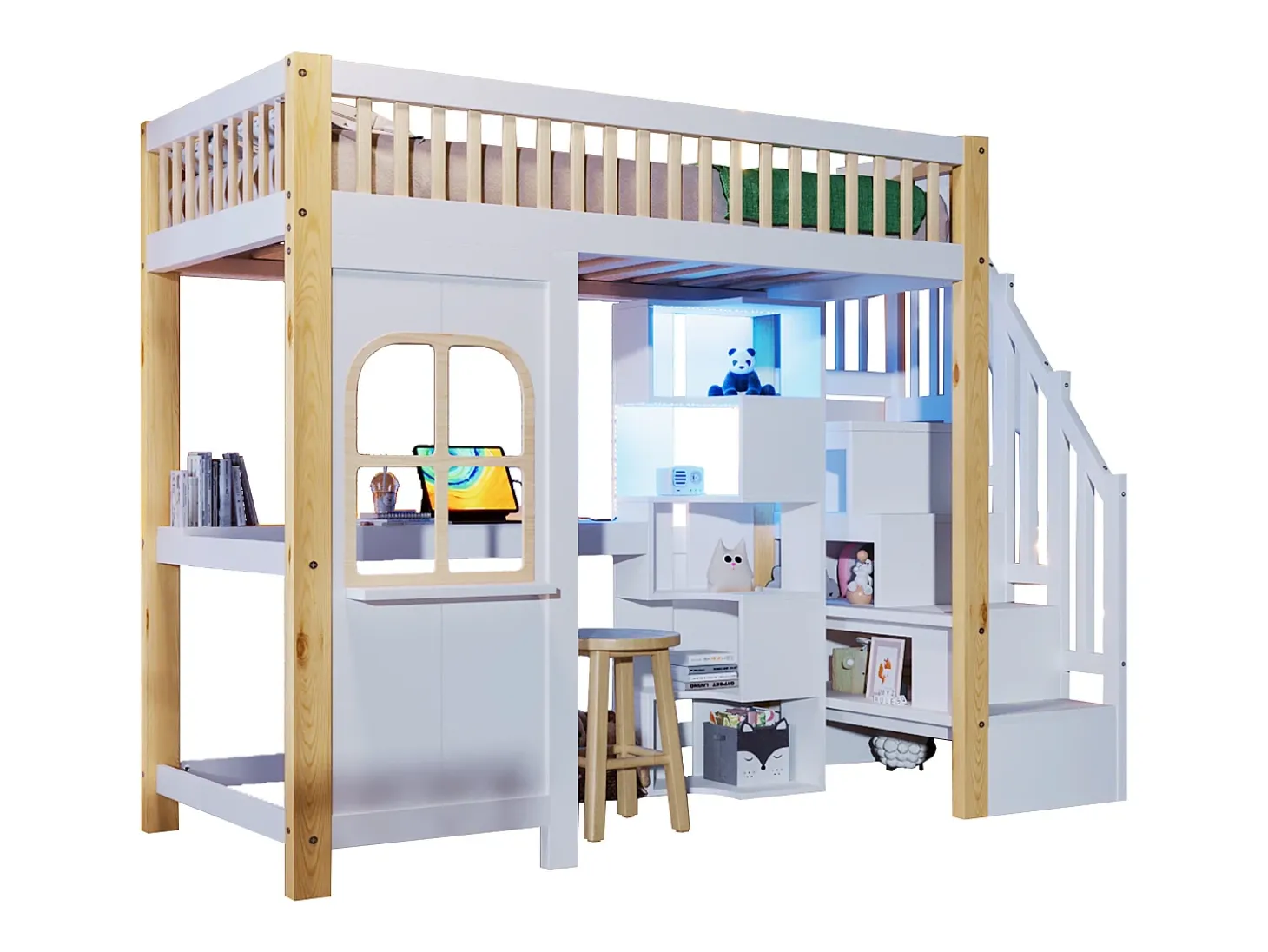 Cama mezanino 90x200 cm - com iluminação LED - com escada de armazenamento - com escrivaninha + tomada - cor branco + natural (colchão não incluído)