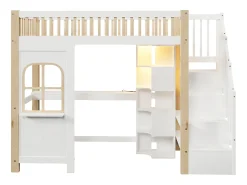 Cama mezanino 90x200 cm - com iluminação LED - com escada de armazenamento - com escrivaninha + tomada - cor branco + natural (colchão não incluído)