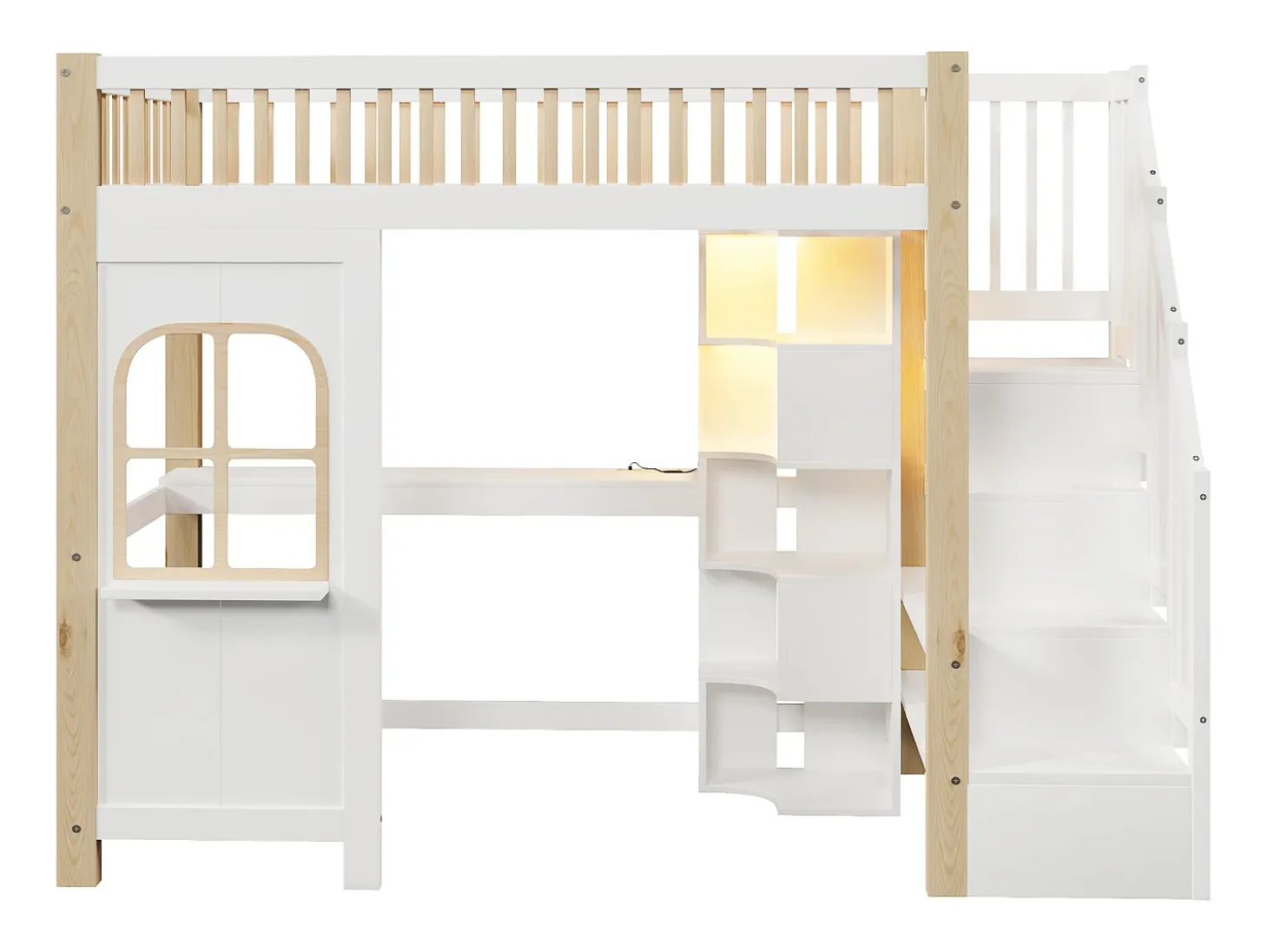 Cama mezanino 90x200 cm - com iluminação LED - com escada de armazenamento - com escrivaninha + tomada - cor branco + natural (colchão não incluído)