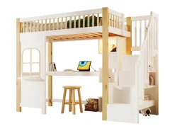 Cama mezanino 90x200 cm - com iluminação LED - com escada de armazenamento - com escrivaninha + tomada - cor branco + natural (colchão não incluído)