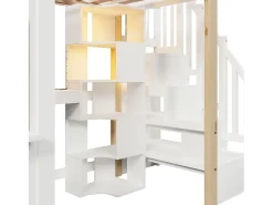 Cama mezanino 90x200 cm - com iluminação LED - com escada de armazenamento - com escrivaninha + tomada - cor branco + natural (colchão não incluído)