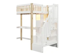 Cama mezanino 90x200 cm - com iluminação LED - com escada de armazenamento - com escrivaninha + tomada - cor branco + natural (colchão não incluído)