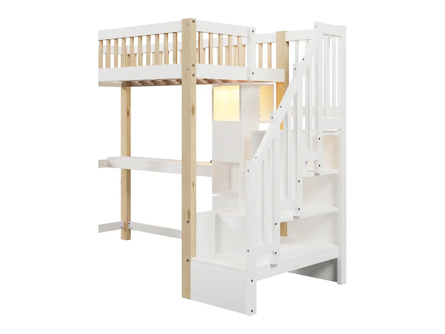 Cama mezanino 90x200 cm - com iluminação LED - com escada de armazenamento - com escrivaninha + tomada - cor branco + natural (colchão não incluído)
