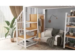 Cama mezanino 90x200 cm - com prateleira de armazenamento e rodas - com cabide e escada - Metal + MDF - Branco + Natural