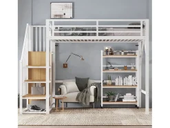 Cama mezanino 90x200 cm - com prateleira de armazenamento e rodas - com cabide e escada - Metal + MDF - Branco + Natural