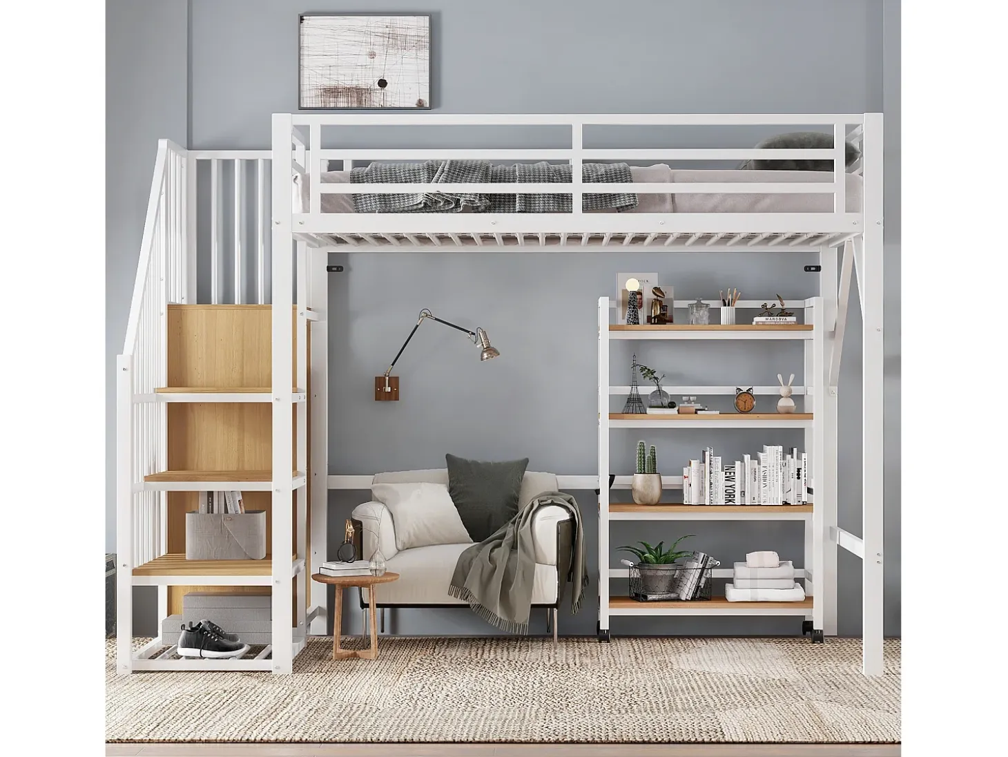 Cama mezanino 90x200 cm - com prateleira de armazenamento e rodas - com cabide e escada - Metal + MDF - Branco + Natural