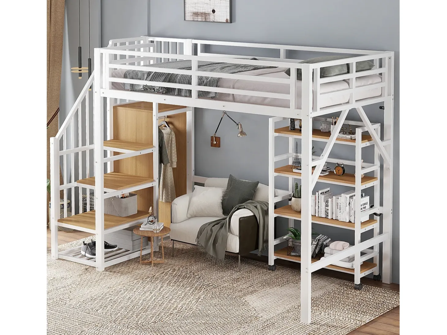 Cama mezanino 90x200 cm - com prateleira de armazenamento e rodas - com cabide e escada - Metal + MDF - Branco + Natural