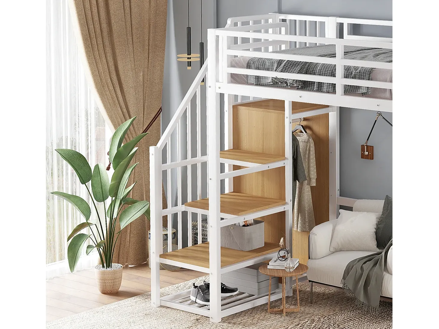 Cama mezanino 90x200 cm - com prateleira de armazenamento e rodas - com cabide e escada - Metal + MDF - Branco + Natural