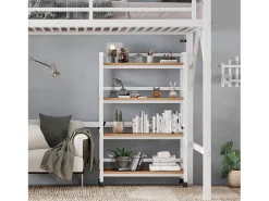 Cama mezanino 90x200 cm - com prateleira de armazenamento e rodas - com cabide e escada - Metal + MDF - Branco + Natural