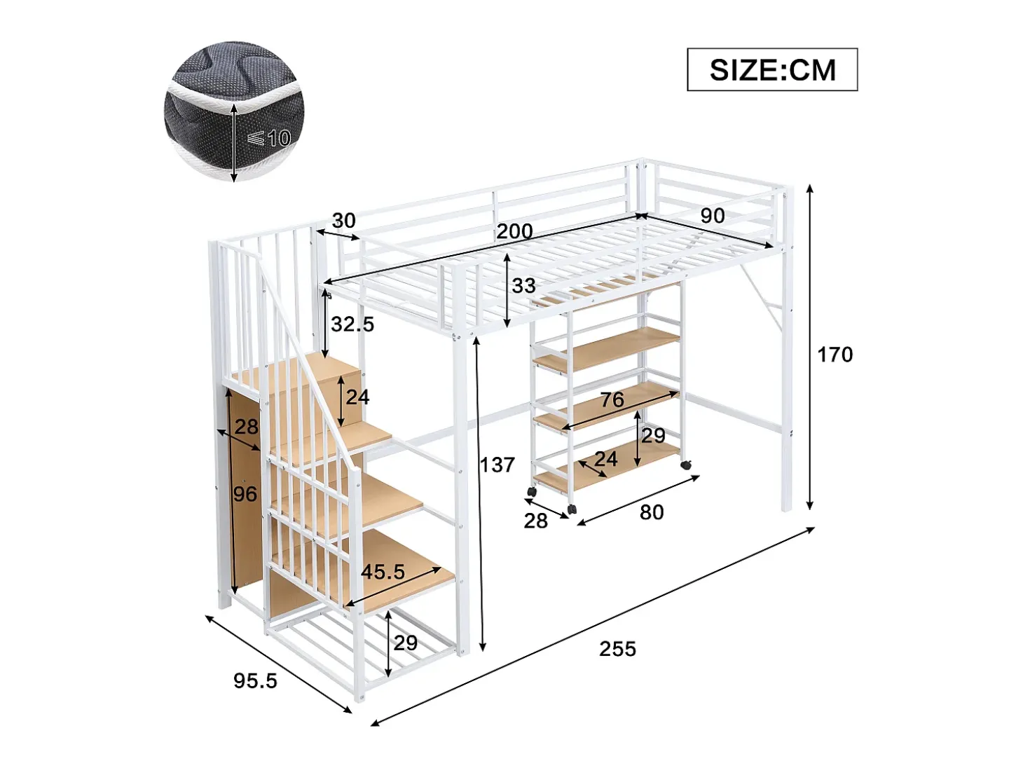 Cama mezanino 90x200 cm - com prateleira de armazenamento e rodas - com cabide e escada - Metal + MDF - Branco + Natural