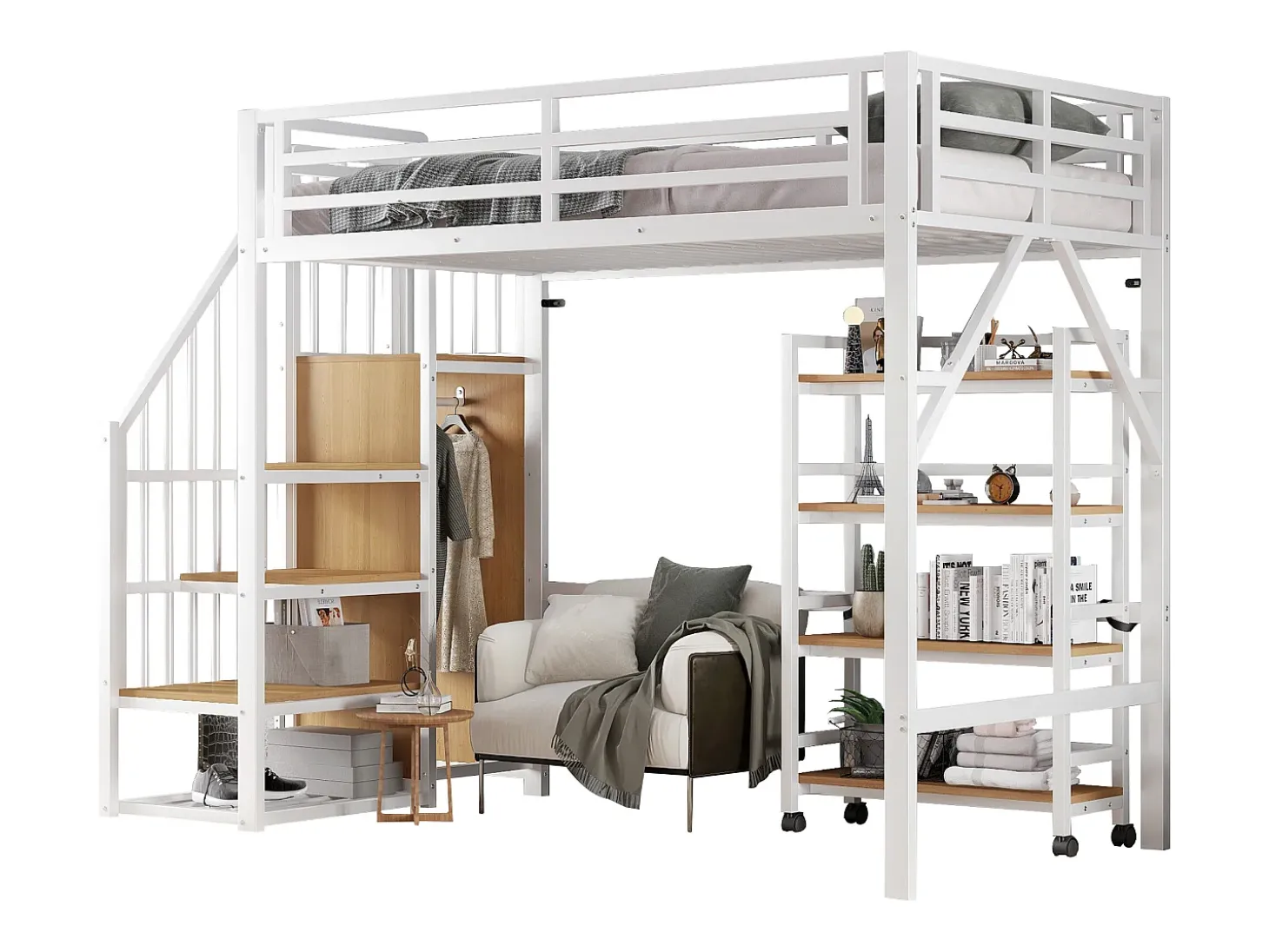 Cama mezanino 90x200 cm - com prateleira de armazenamento e rodas - com cabide e escada - Metal + MDF - Branco + Natural