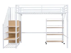 Cama mezanino 90x200 cm - com prateleira de armazenamento e rodas - com cabide e escada - Metal + MDF - Branco + Natural