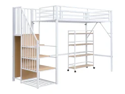 Cama mezanino 90x200 cm - com prateleira de armazenamento e rodas - com cabide e escada - Metal + MDF - Branco + Natural