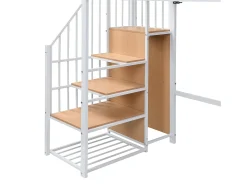 Cama mezanino 90x200 cm - com prateleira de armazenamento e rodas - com cabide e escada - Metal + MDF - Branco + Natural