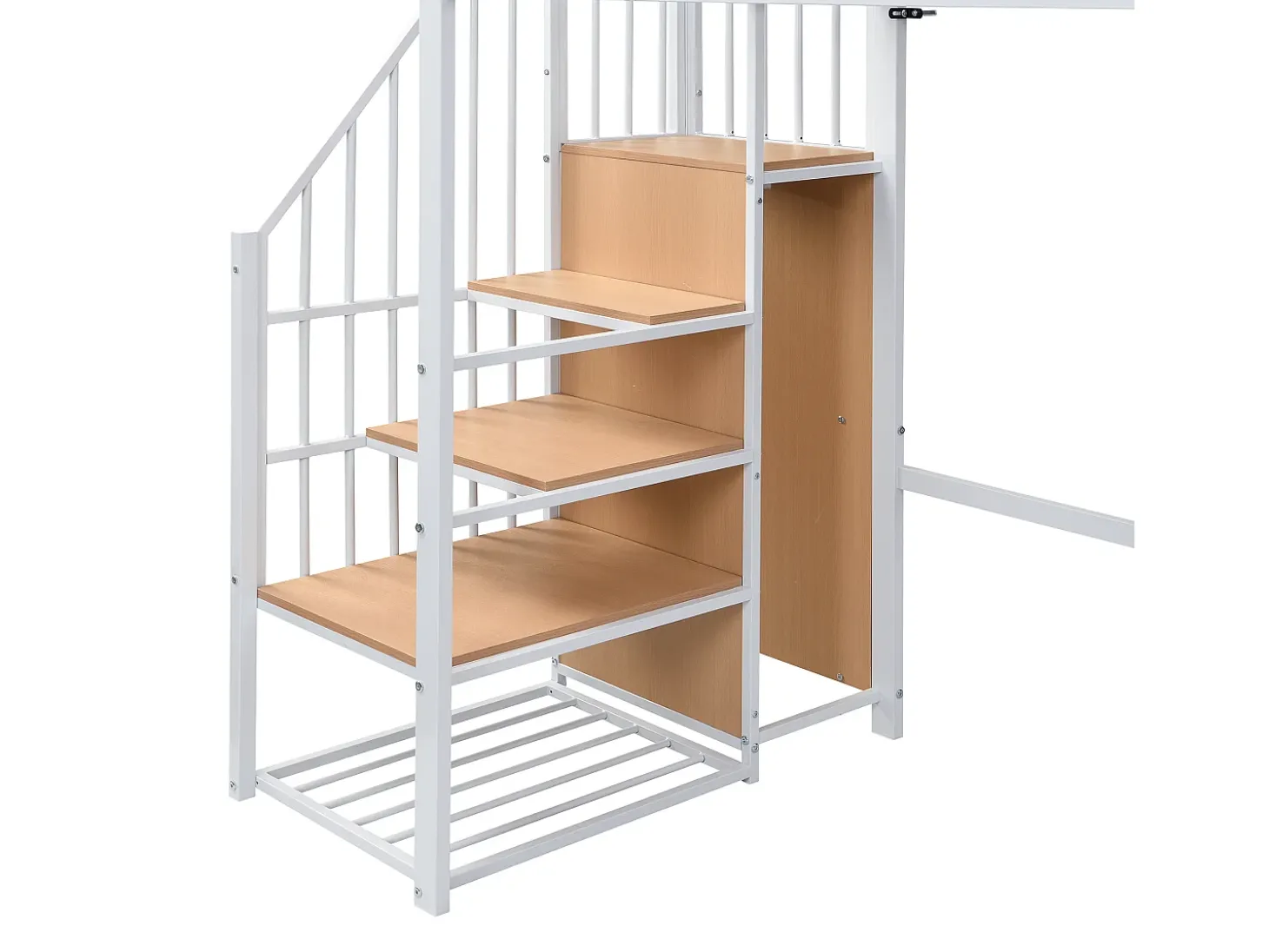 Cama mezanino 90x200 cm - com prateleira de armazenamento e rodas - com cabide e escada - Metal + MDF - Branco + Natural