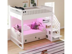 Cama mezanino 140x200 cm - con escada de segurança - con barreiras de segurança - equipado de luzes LED - branco (colchão não incluído)