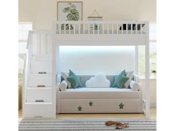 Cama mezanino 140x200 cm - con escada de segurança - con barreiras de segurança - equipado de luzes LED - branco​ (colchão não incluído)