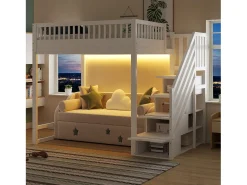 Cama mezanino 140x200 cm - con escada de segurança - con barreiras de segurança - equipado de luzes LED - branco​ (colchão não incluído)