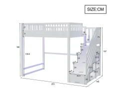 Cama mezanino 140x200 cm - con escada de segurança - con barreiras de segurança - equipado de luzes LED - branco​ (colchão não incluído)