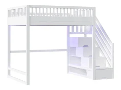 Cama mezanino 140x200 cm - con escada de segurança - con barreiras de segurança - equipado de luzes LED - branco​ (colchão não incluído)