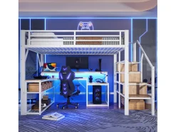 Cama mezanino 140x200 cm - con escada de segurança - con faixa de luz LED + escrivaninha - con porta USB - branco (colchão não incluído)