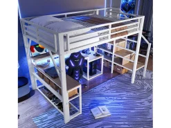 Cama mezanino 140x200 cm - con escada de segurança - con faixa de luz LED + escrivaninha - con porta USB - branco​ (colchão não incluído)